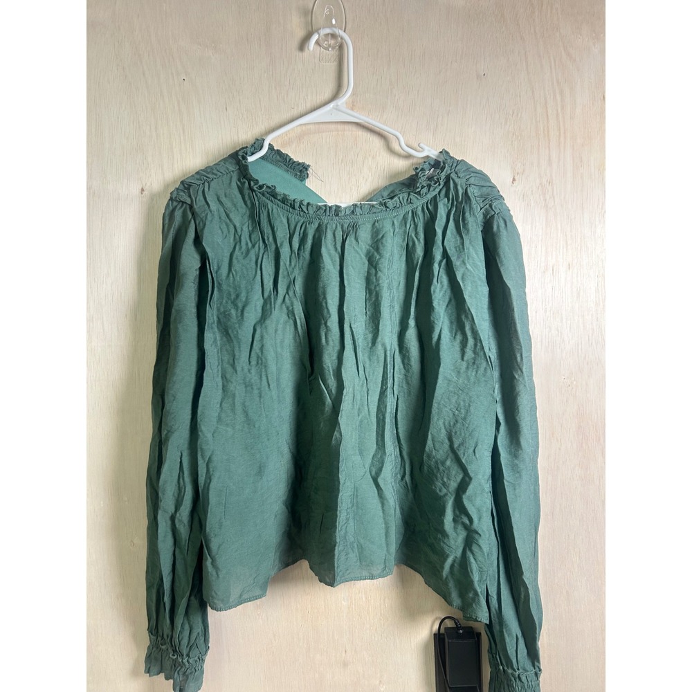 &merci Blouse Women Large Sage Green Excellent Ruffle Neck Long Sleeve Textured